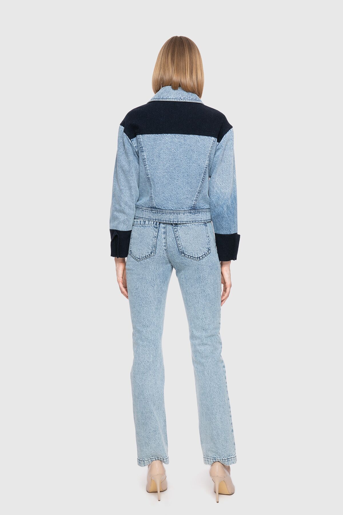 Balık Sırtı Yünlü Kumaş Garnili Crop Jean Ceket