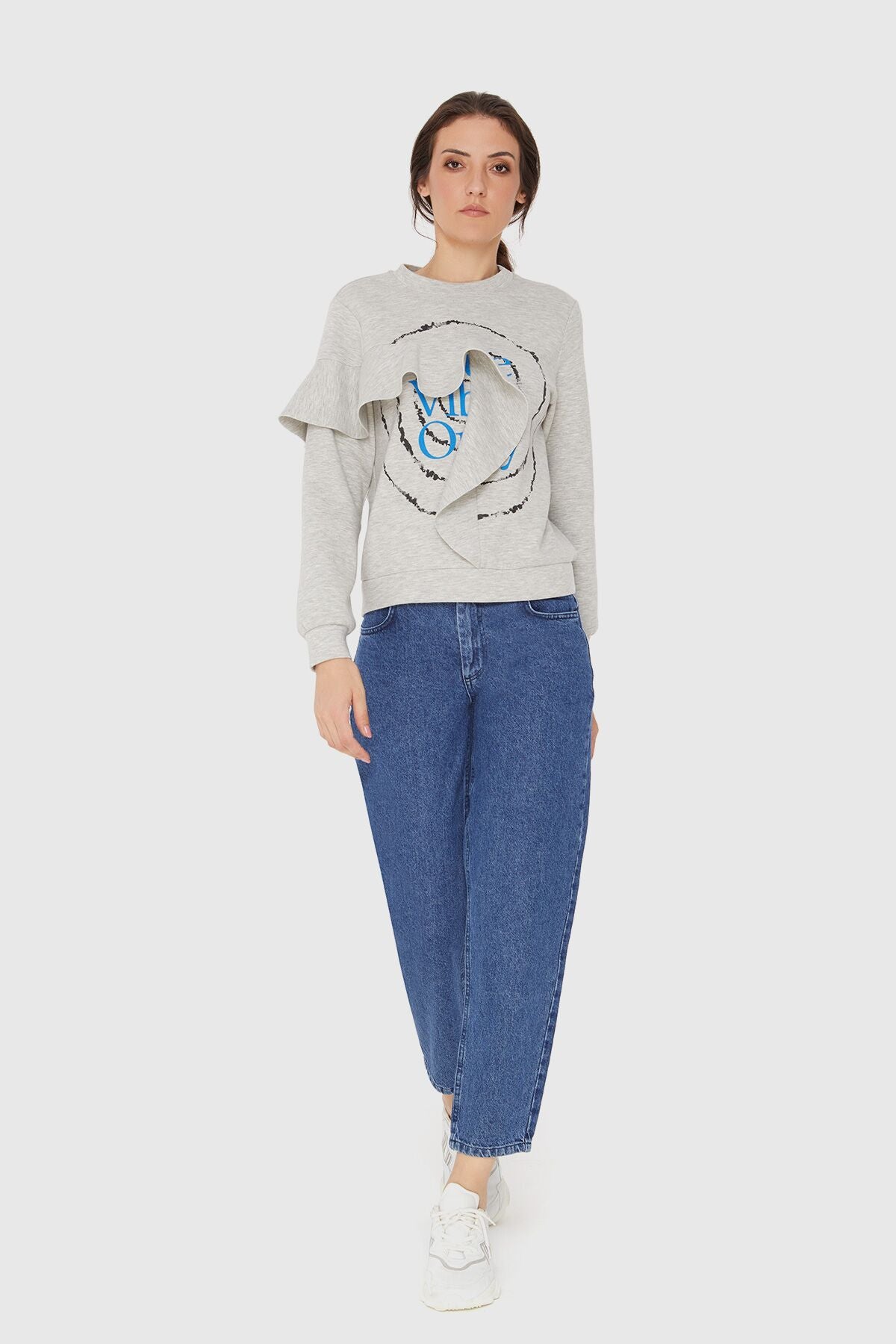 Baskılı Volanlı Örme Sweatshirt