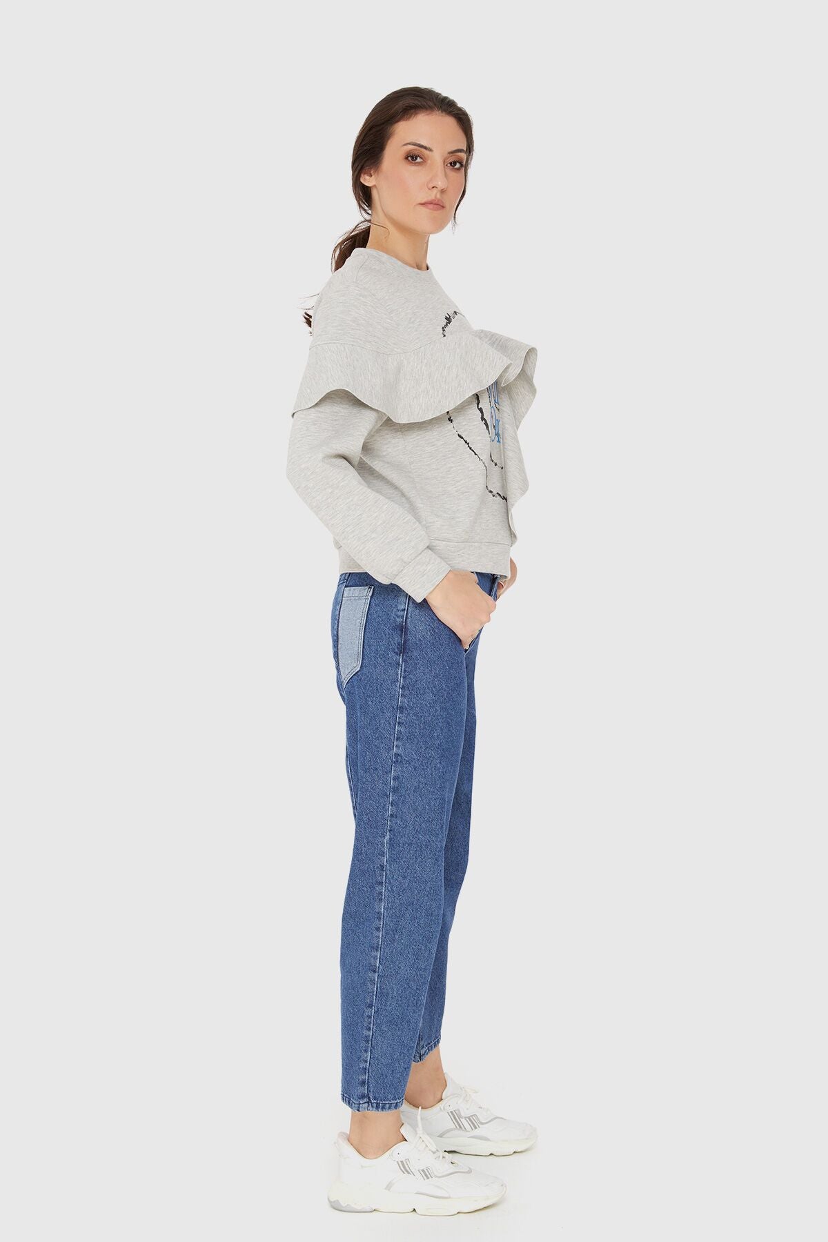 Baskılı Volanlı Örme Sweatshirt