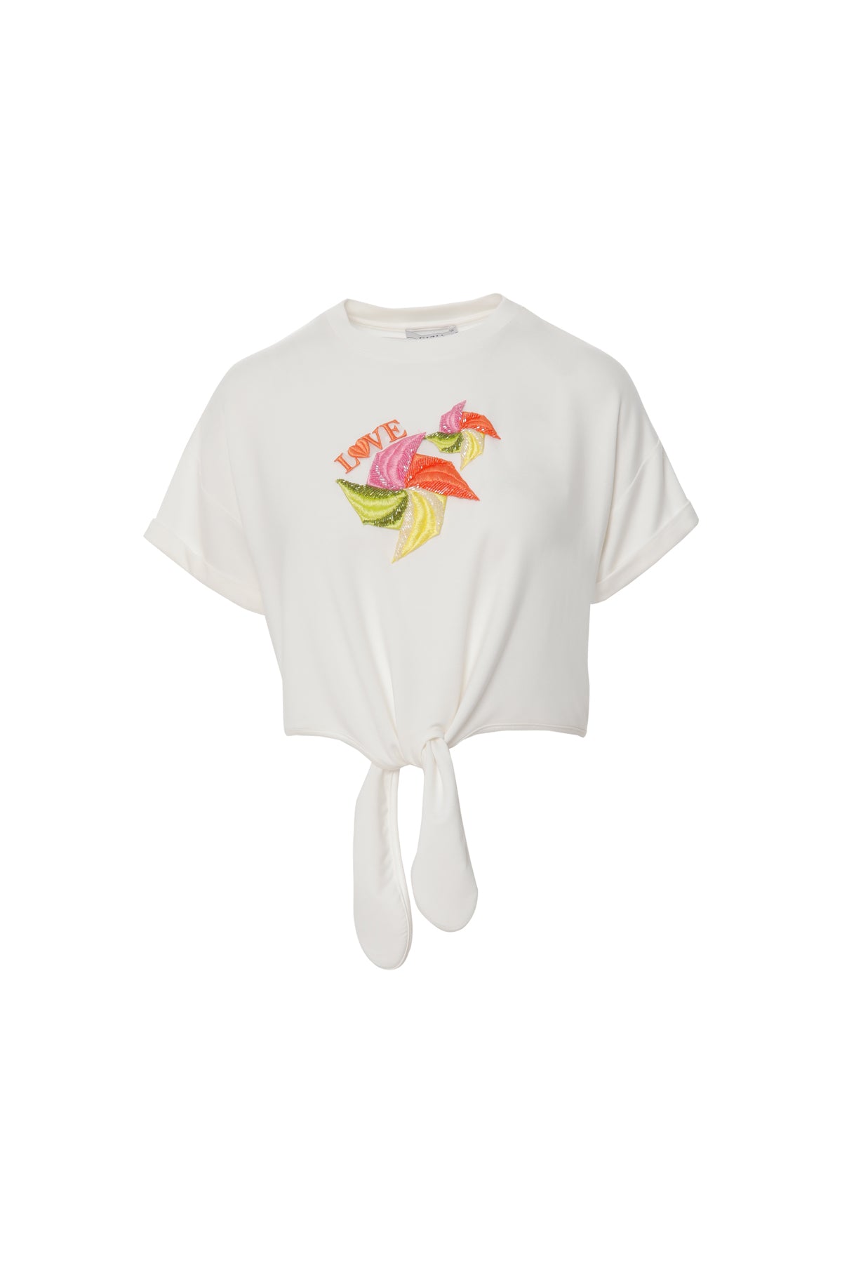 Etek Ucu Bağlama Detaylı Aplike Nakış Süslemeli Tshirt