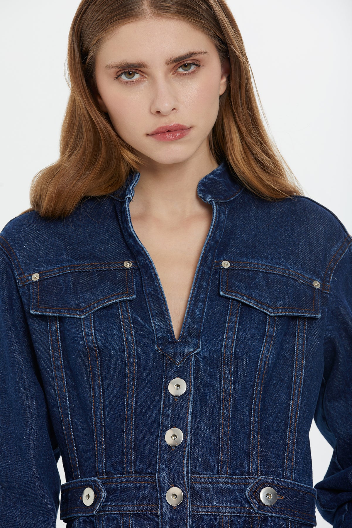 Düğme Detaylı Uzun Kollu Denim Elbise