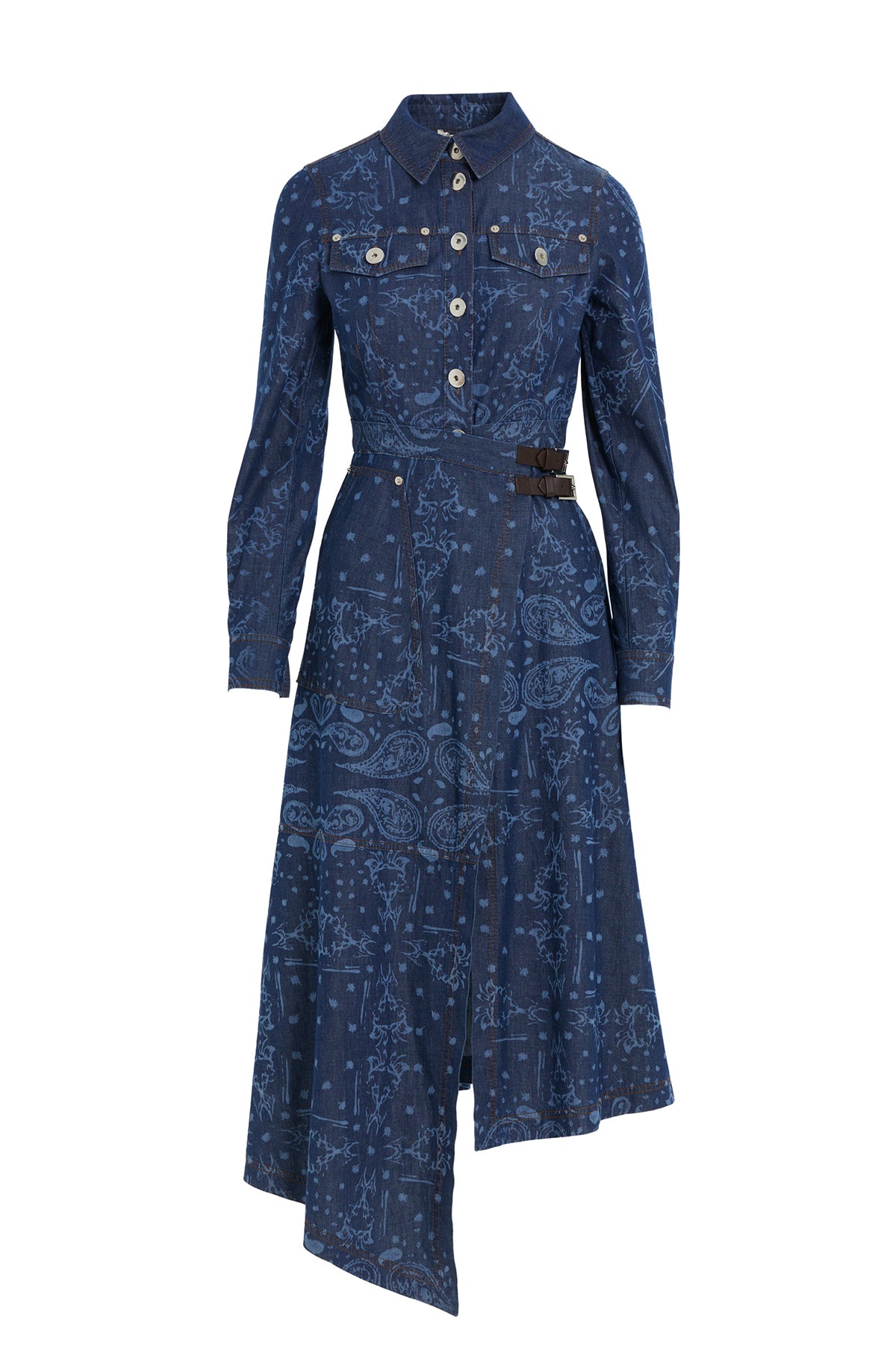 Desenli Yırtmaçlı Denim Elbise
