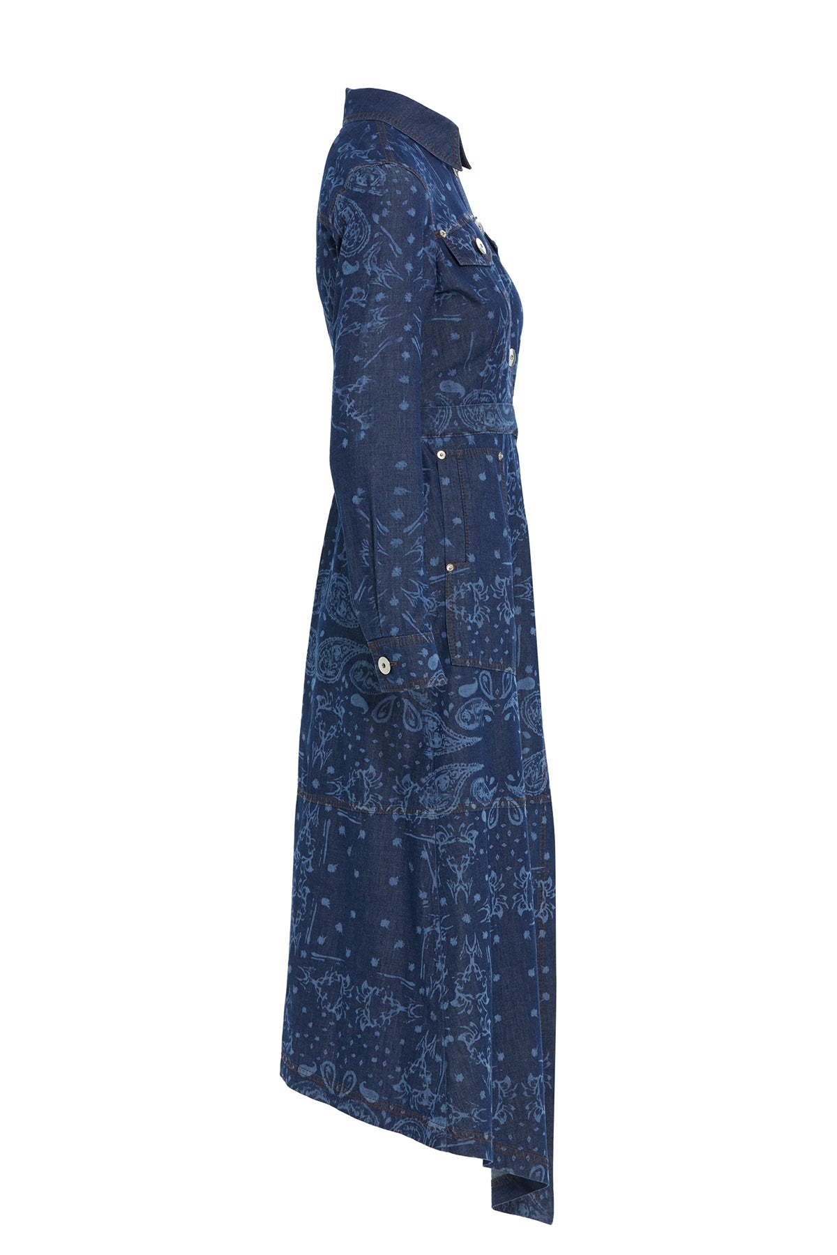Desenli Yırtmaçlı Denim Elbise
