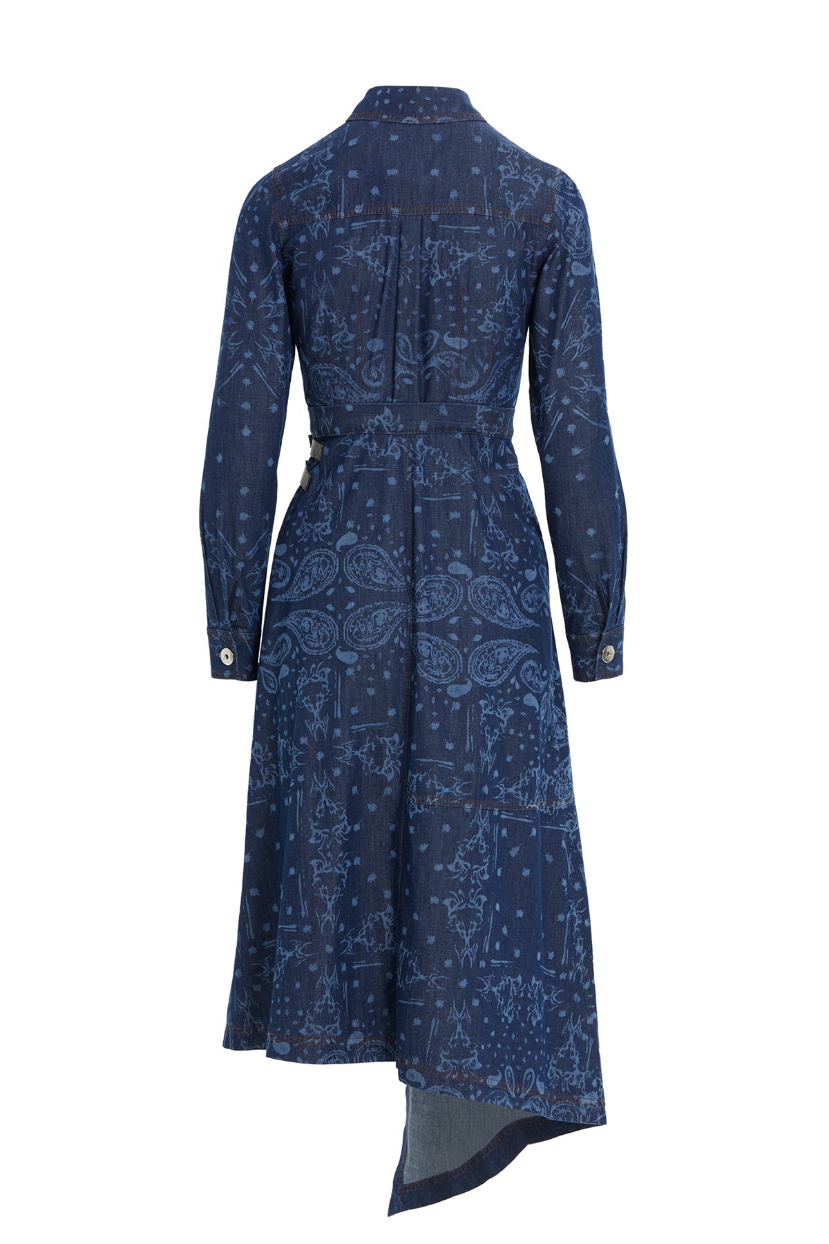 Desenli Yırtmaçlı Denim Elbise