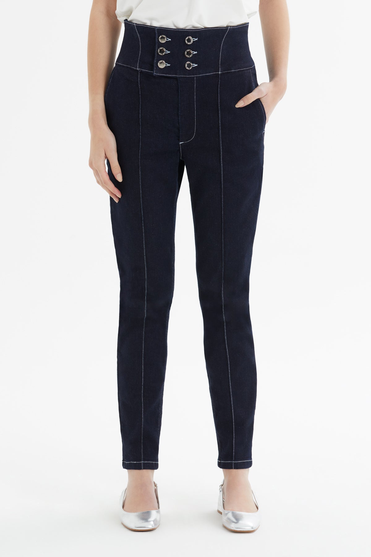 Kruvaze Kapama Kontrast Dikiş Ve Nervürlü Salopet Denim