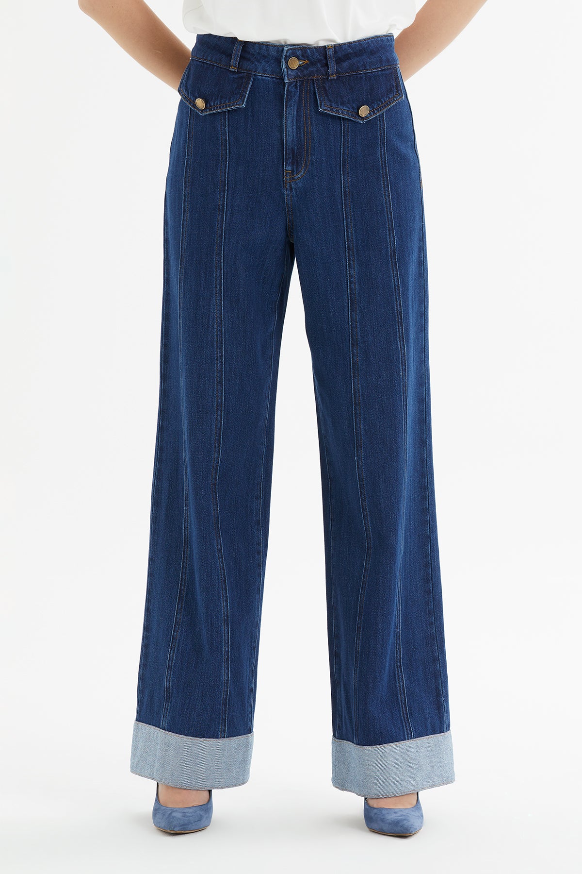 Cep Kapaklı Paçası Kemer Köprü Geçişli Geniş Paça Denim Pantolon