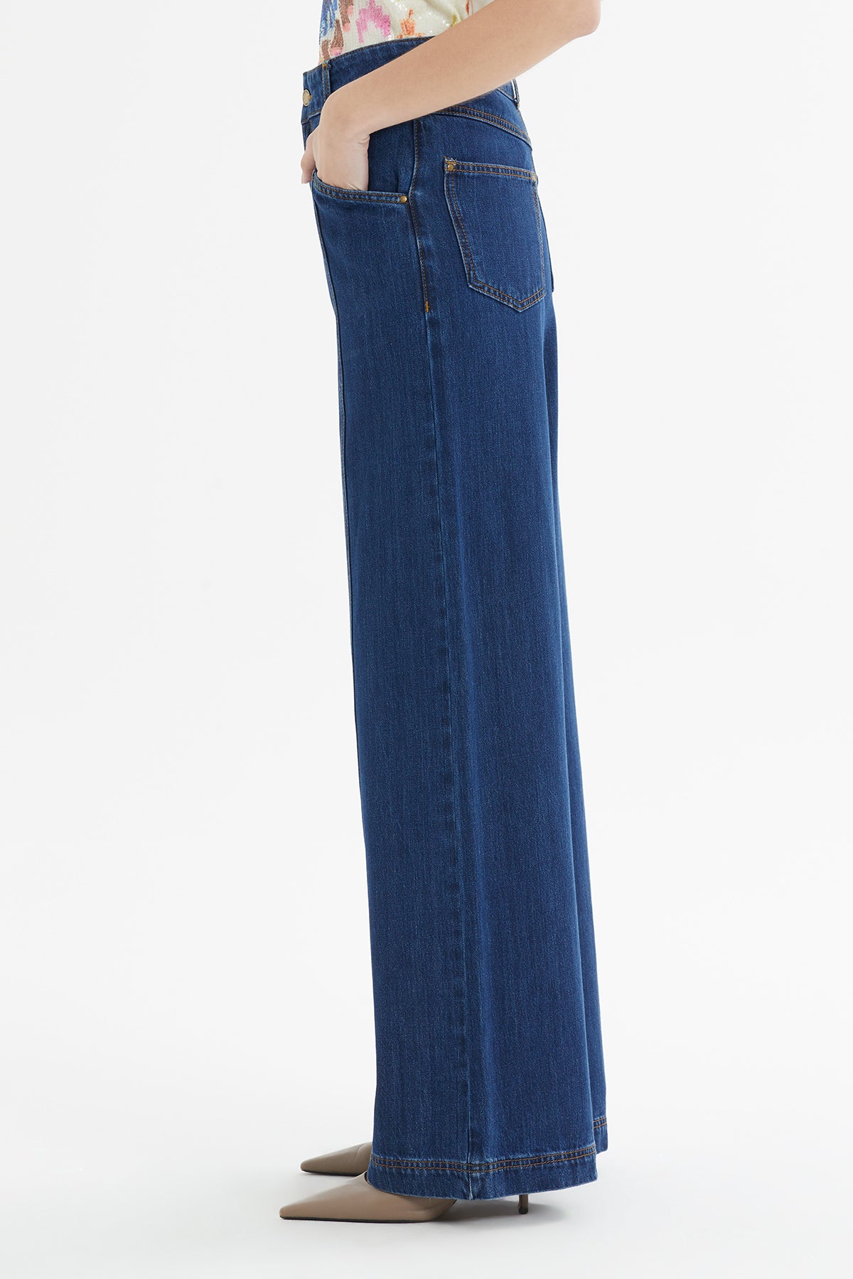 Rivet Detaylı Kontrast Dikişli Geniş Paça Jean Pantolon
