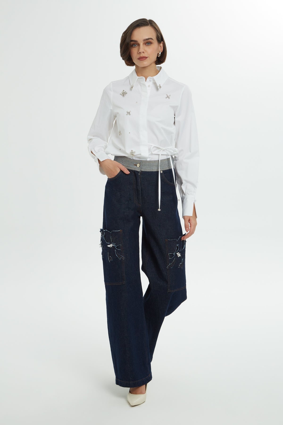 Cepleri Nakışlı Jean Pantolon