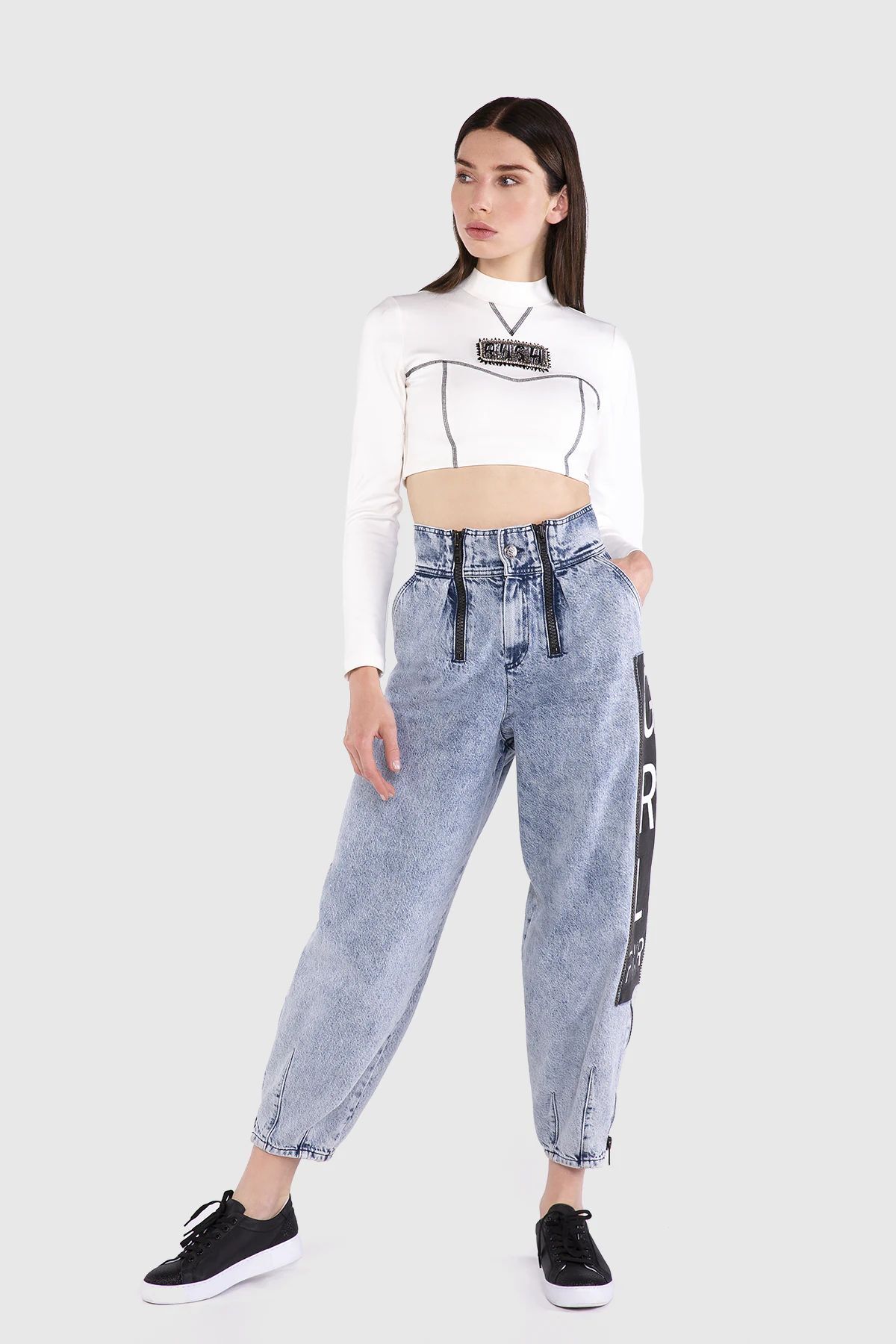 Yüksek Bel Straz İşlemeli Slouchy Jean Pantolon