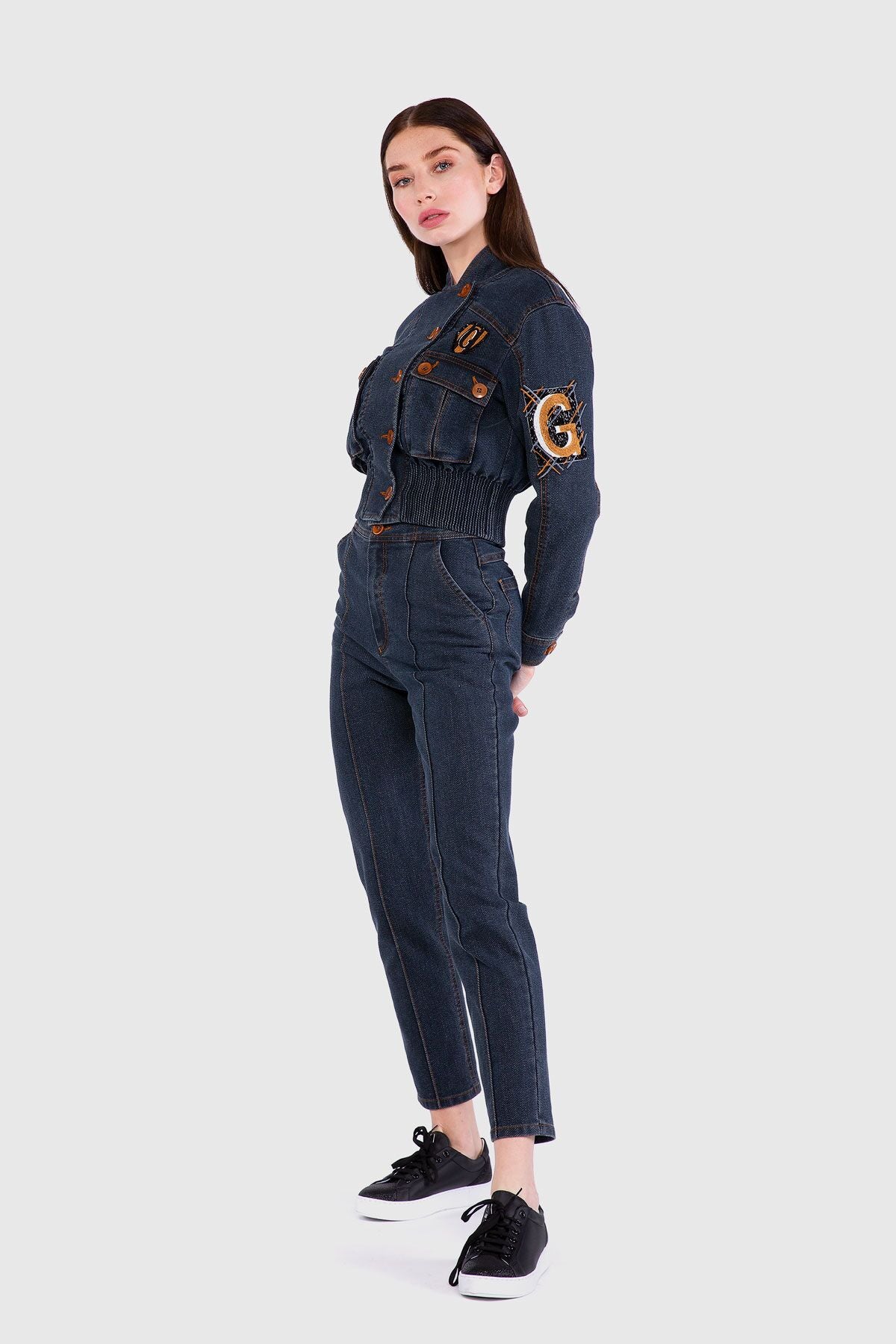 Nakış İşleme Detaylı Crop İndigo Jean Ceket
