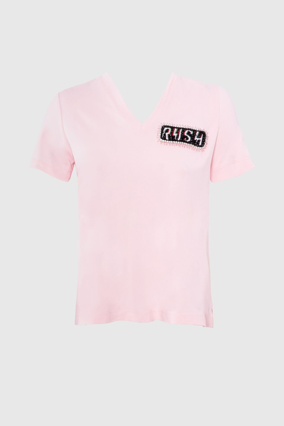 İşleme Arma Detaylı V Yaka Basic T-shirt