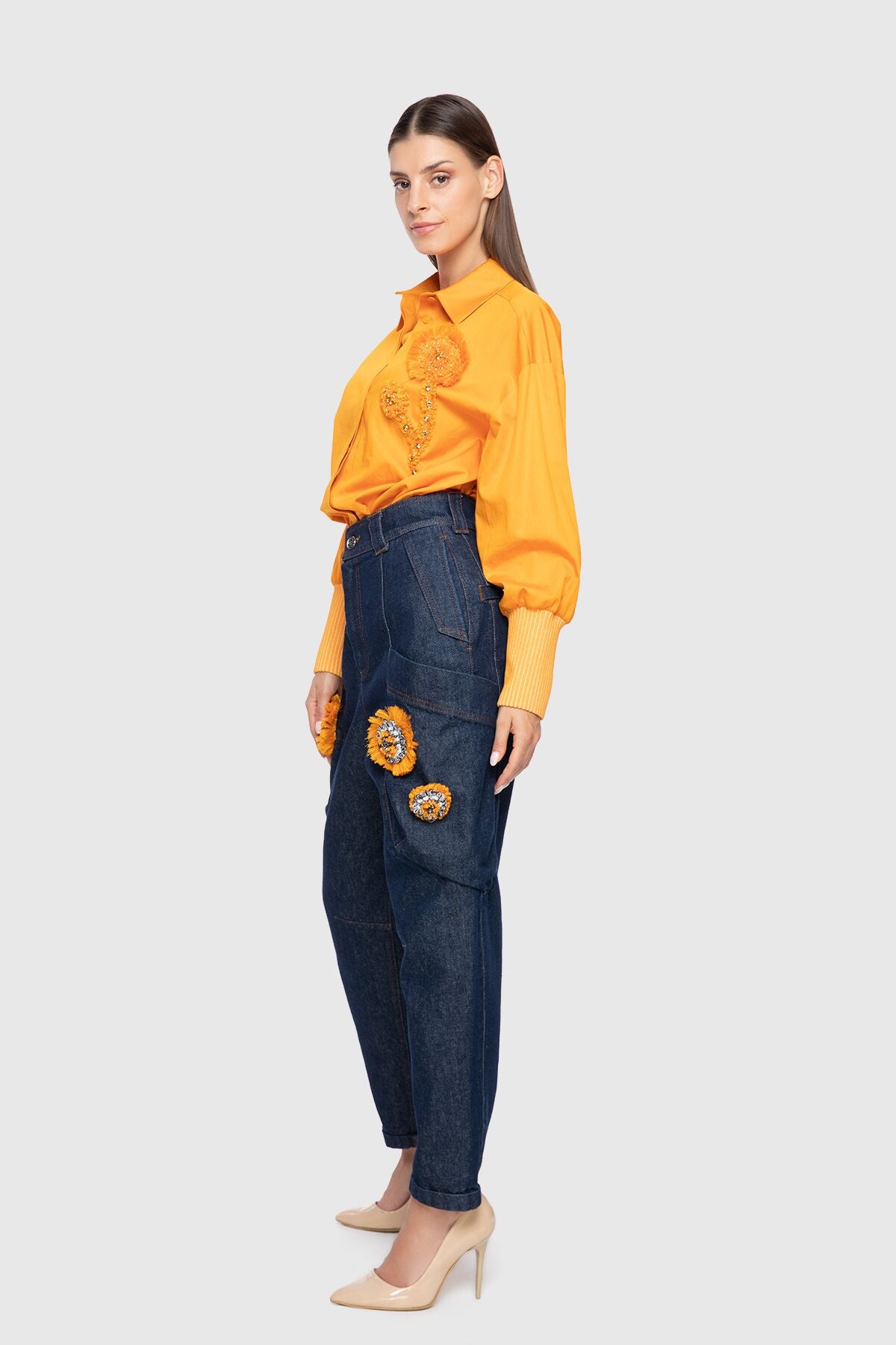 Kontrast Nakış Detaylı Yüksek Bel Slouchy Pantolon