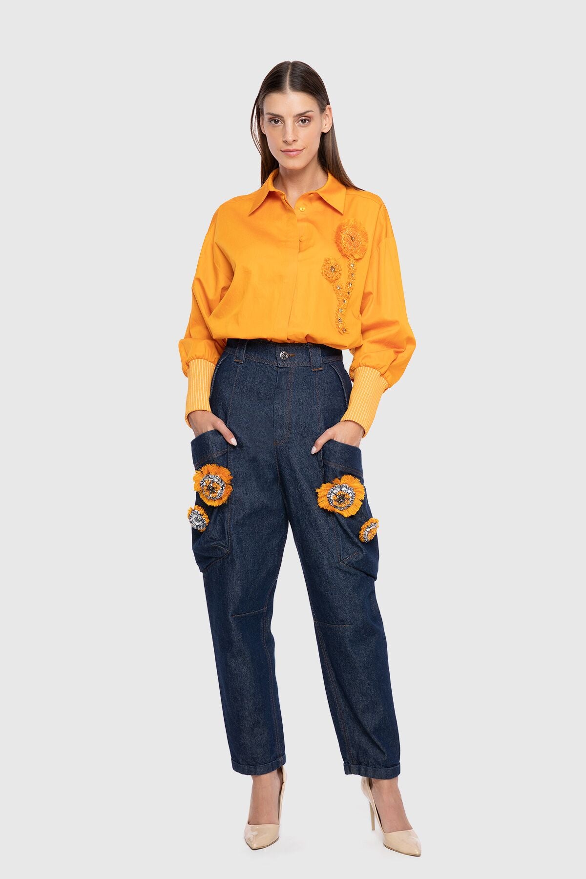 Kontrast Nakış Detaylı Yüksek Bel Slouchy Pantolon