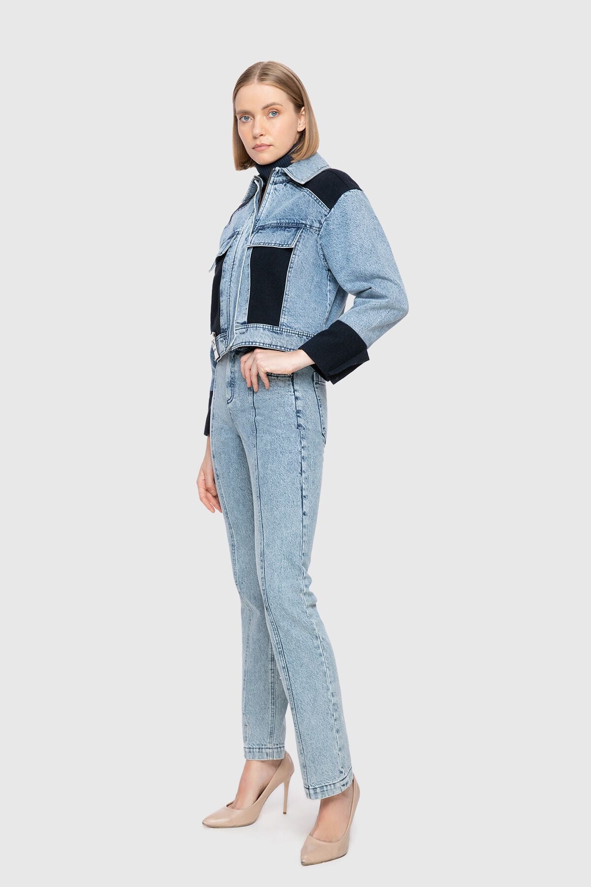 Balık Sırtı Yünlü Kumaş Garnili Crop Jean Ceket