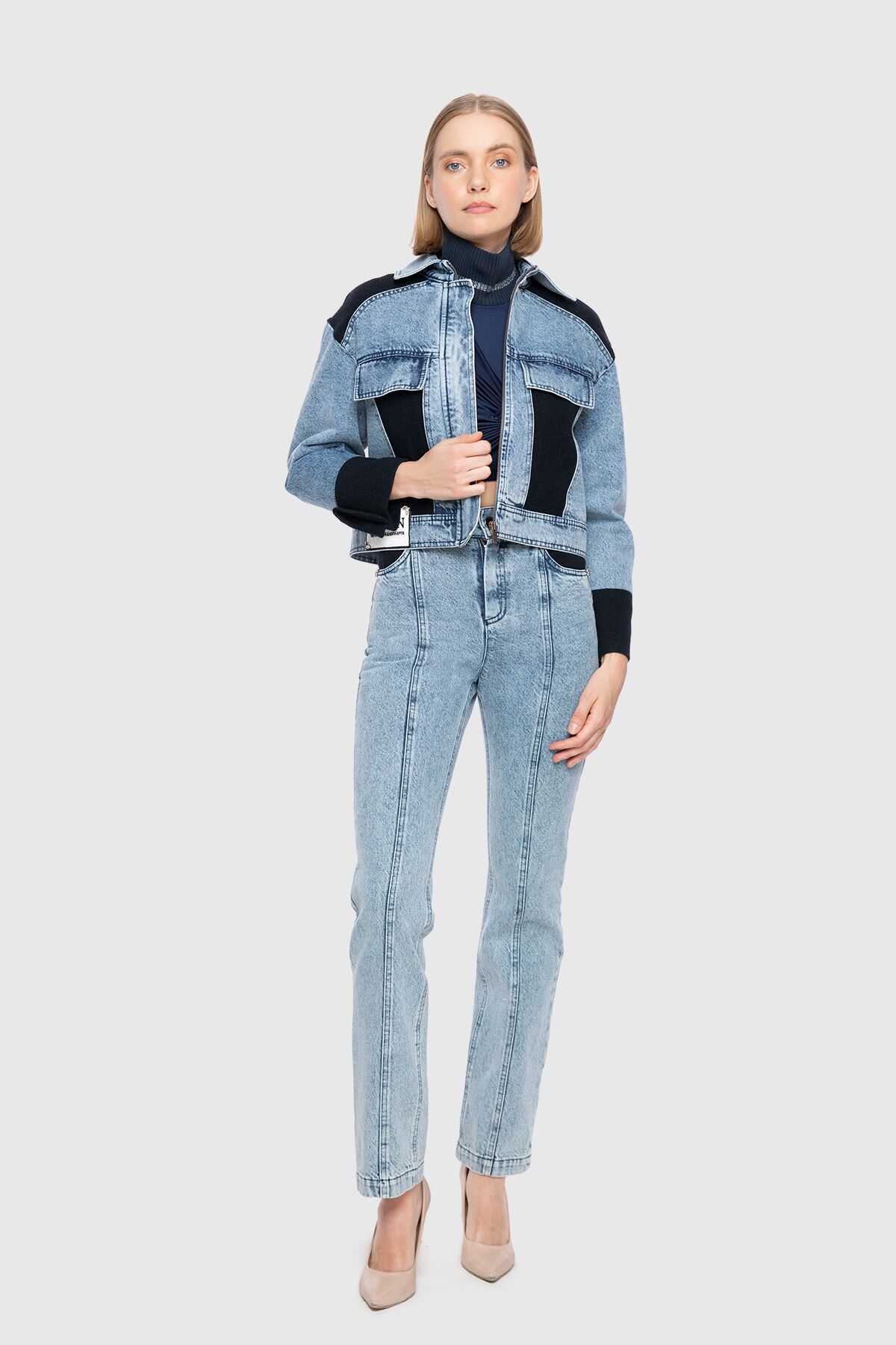 Balık Sırtı Yünlü Kumaş Garnili Crop Jean Ceket