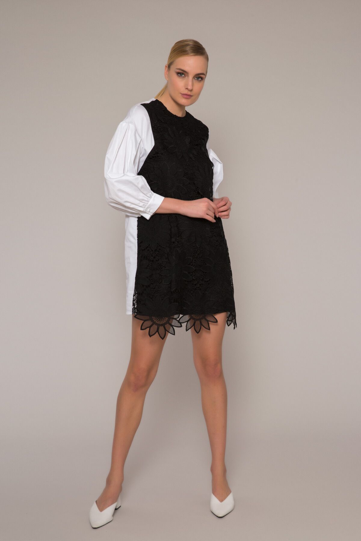 Dantel Garnili - Poplin Mini Elbise
