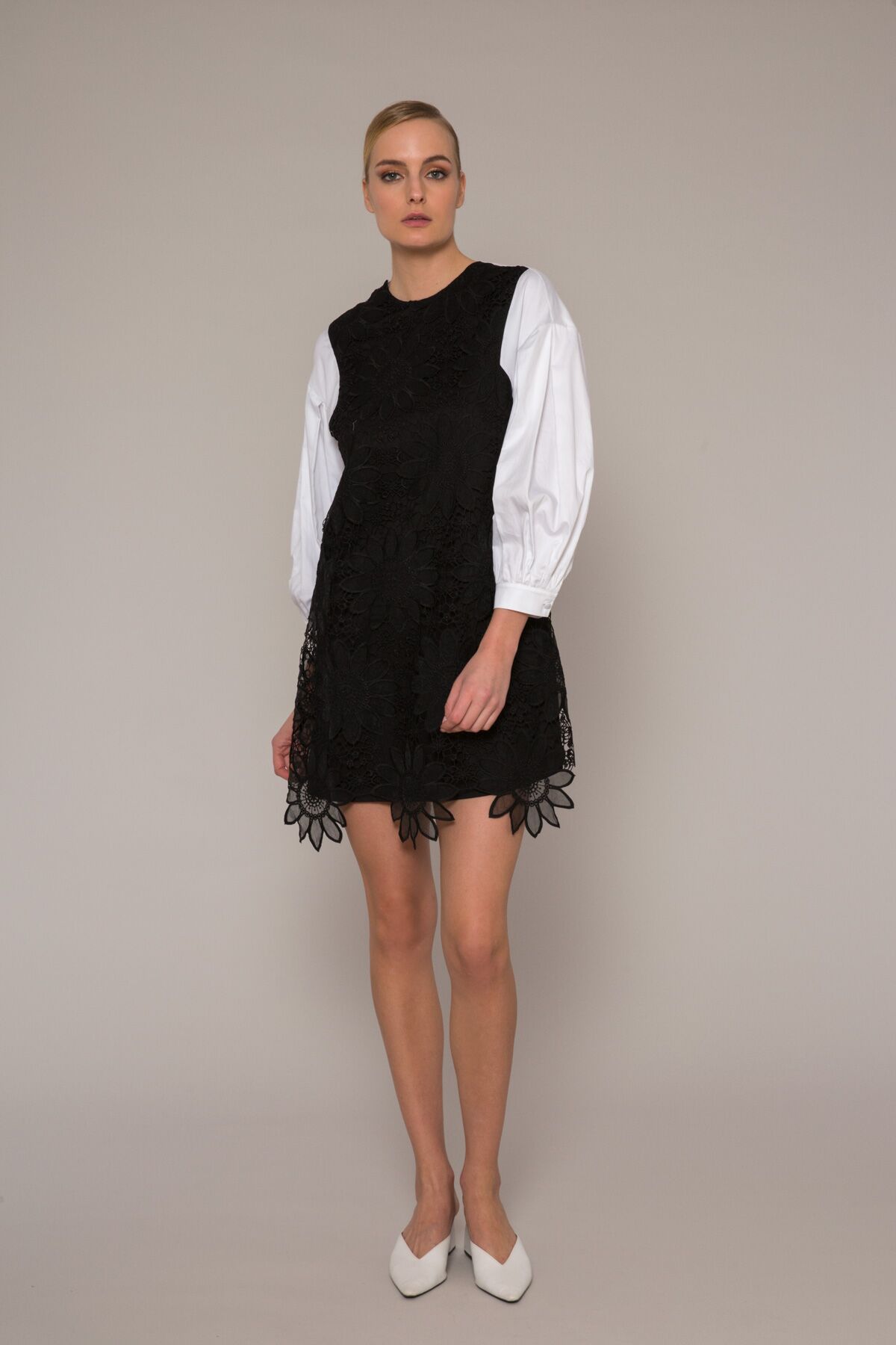 Dantel Garnili - Poplin Mini Elbise
