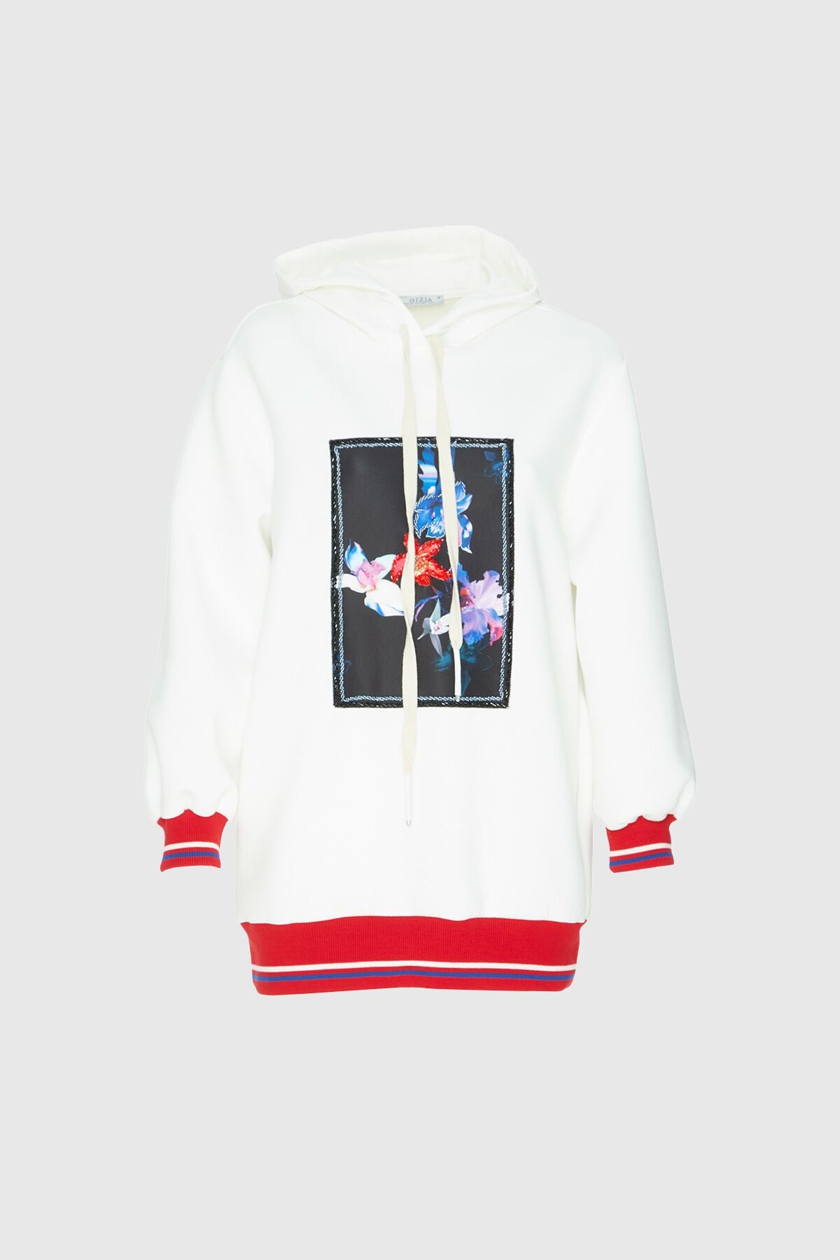 Triko Detaylı Kapusonlu Baskılı Sweatshirt