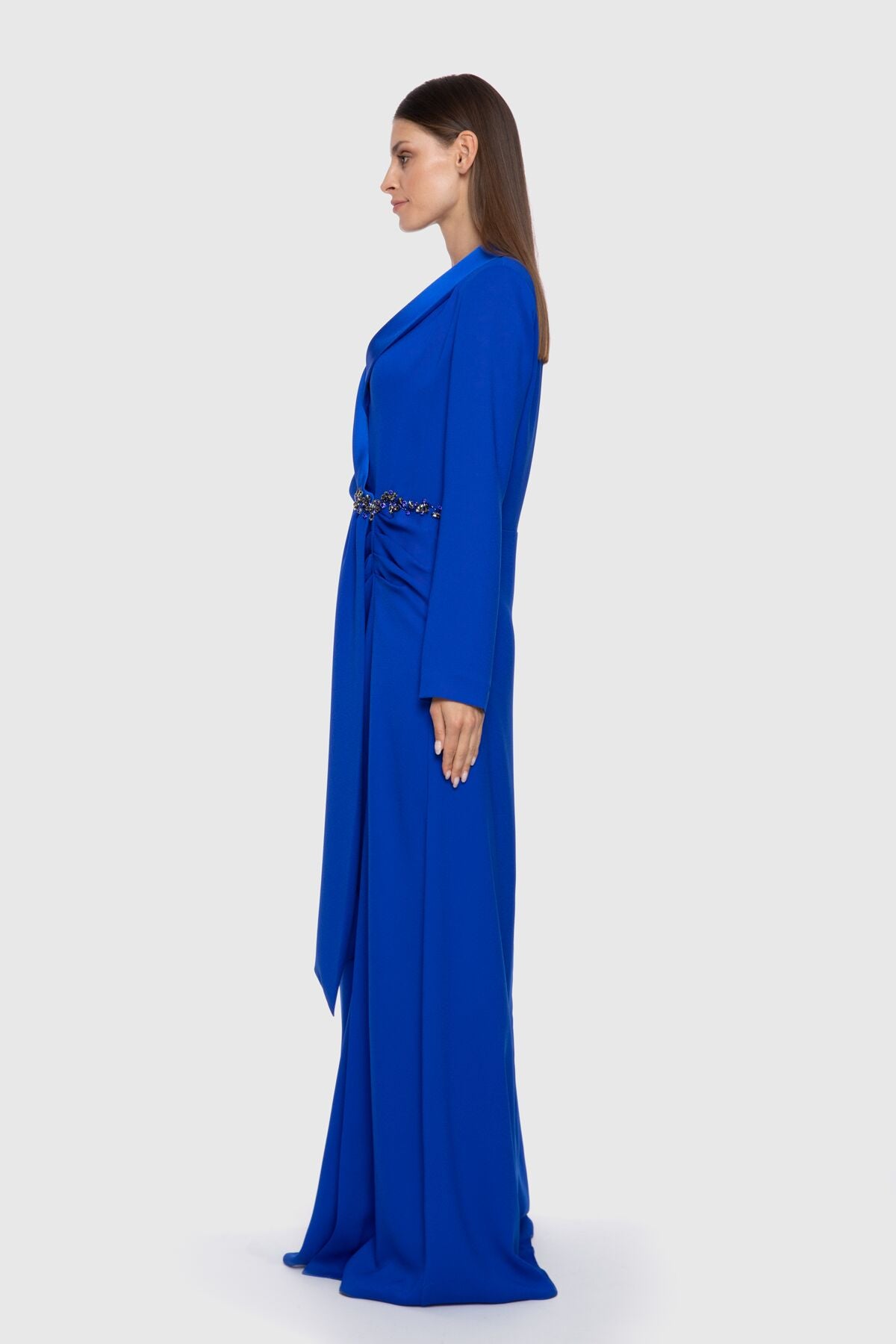 Drape Detaylı İşlemeli Uzun Abiye Elbise