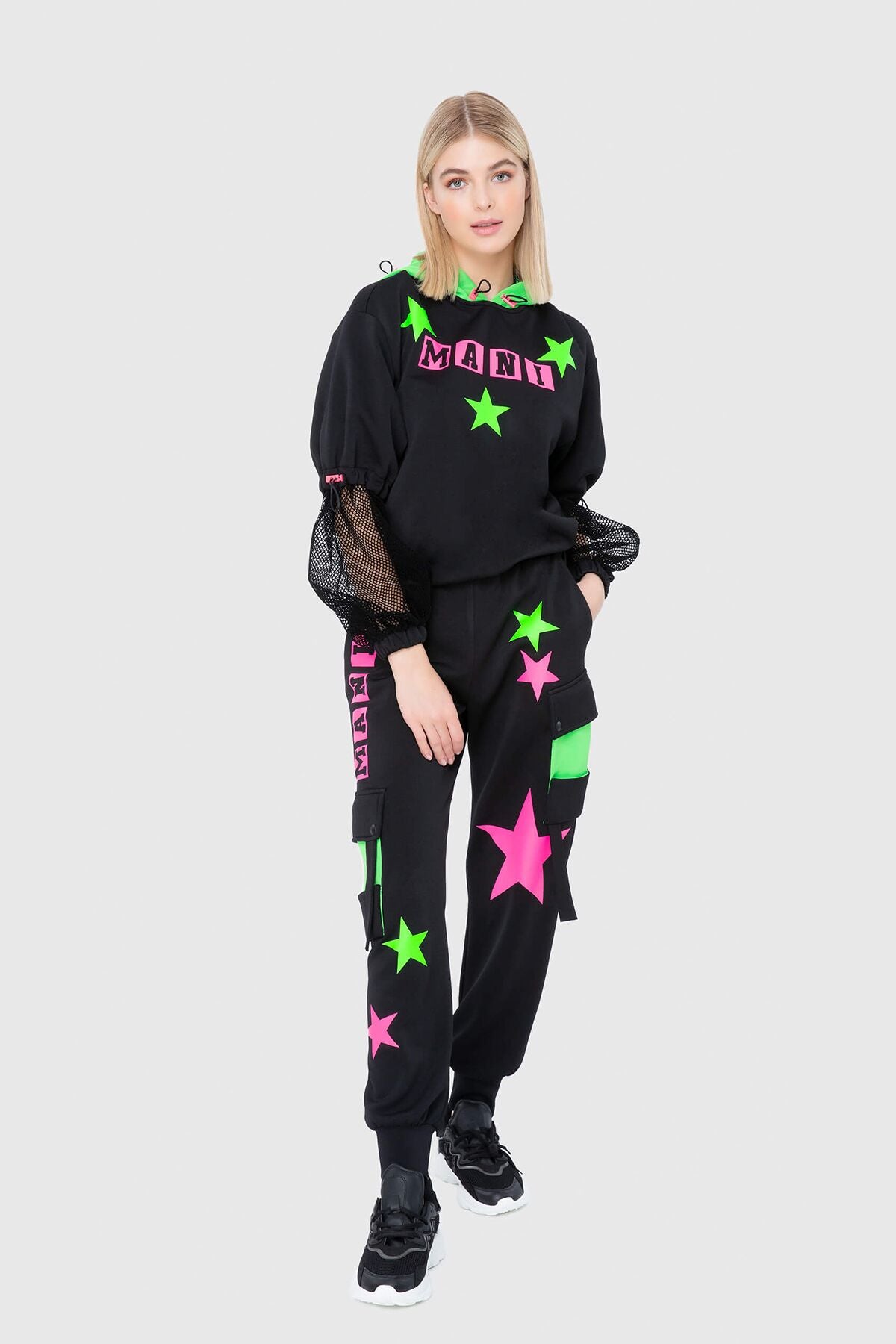 Neon Garnili Yıldız Baskılı Pileli Sweatshirt