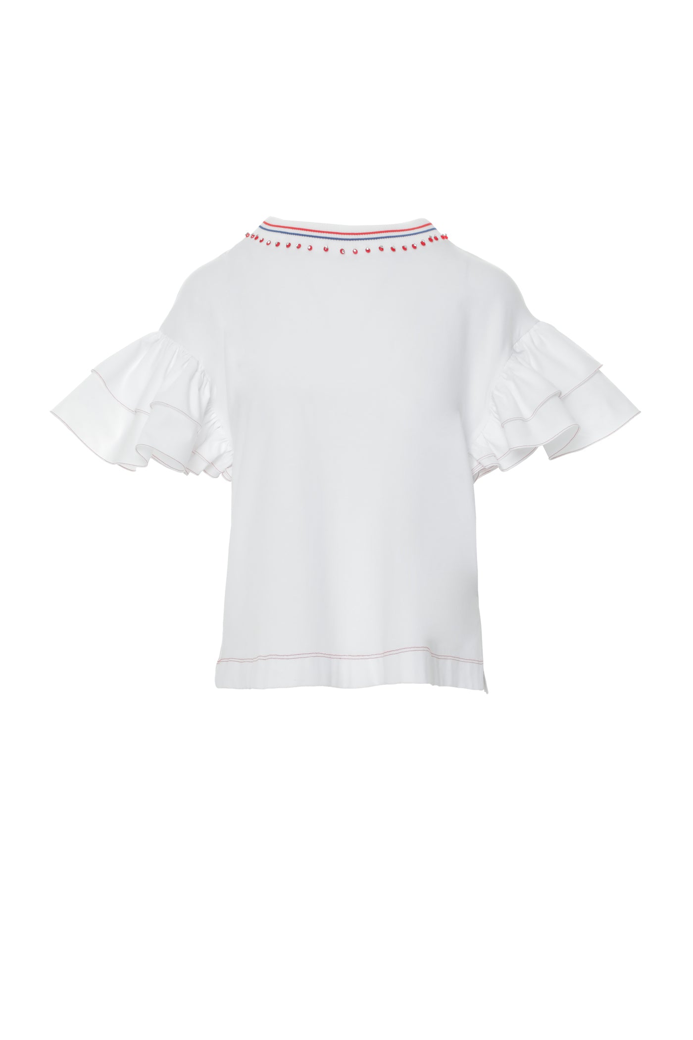 Dikiş Detaylı Fırfır Kollu Yakası İşlemeli Ribana Yaka Tshirt