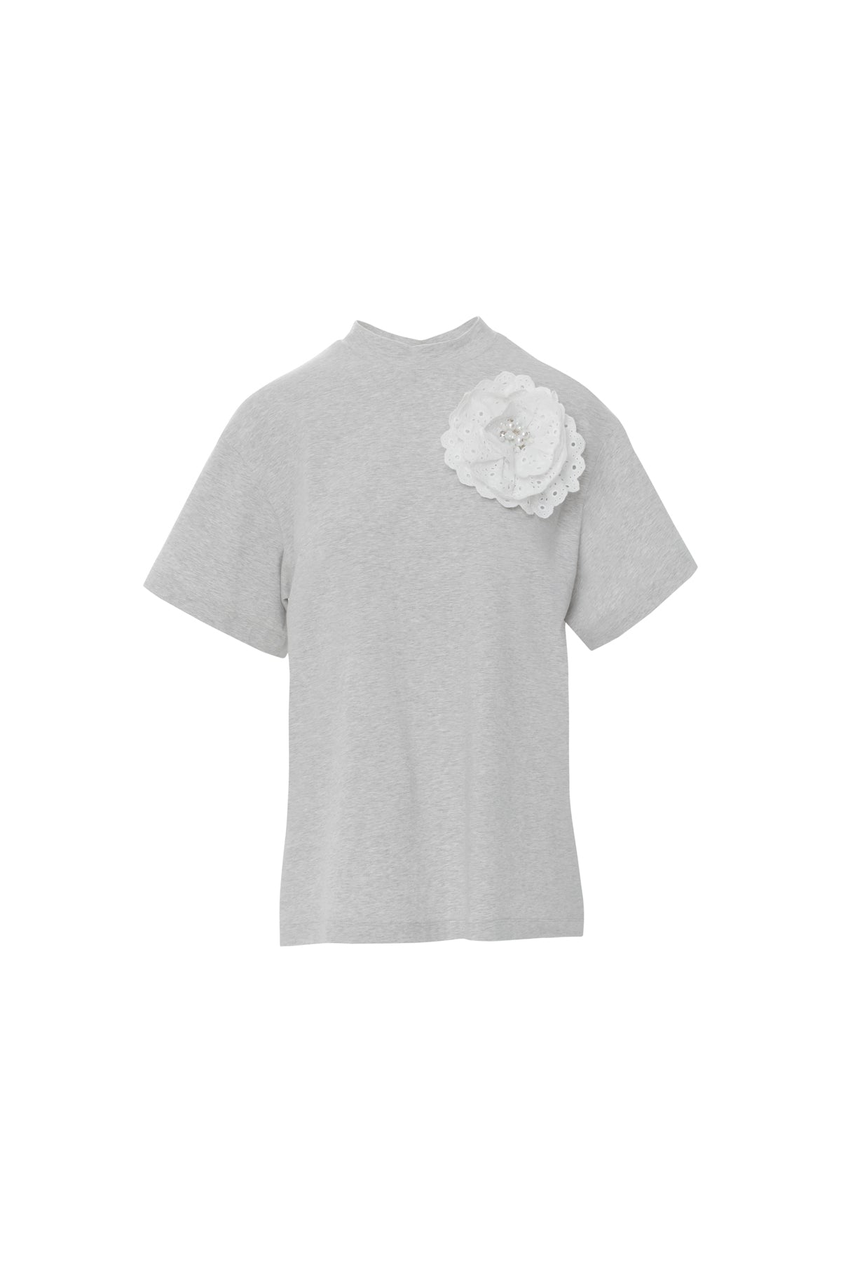 Özel İşleme Gül Detaylı Yuvarlak Yaka Kısa Kol Tshirt