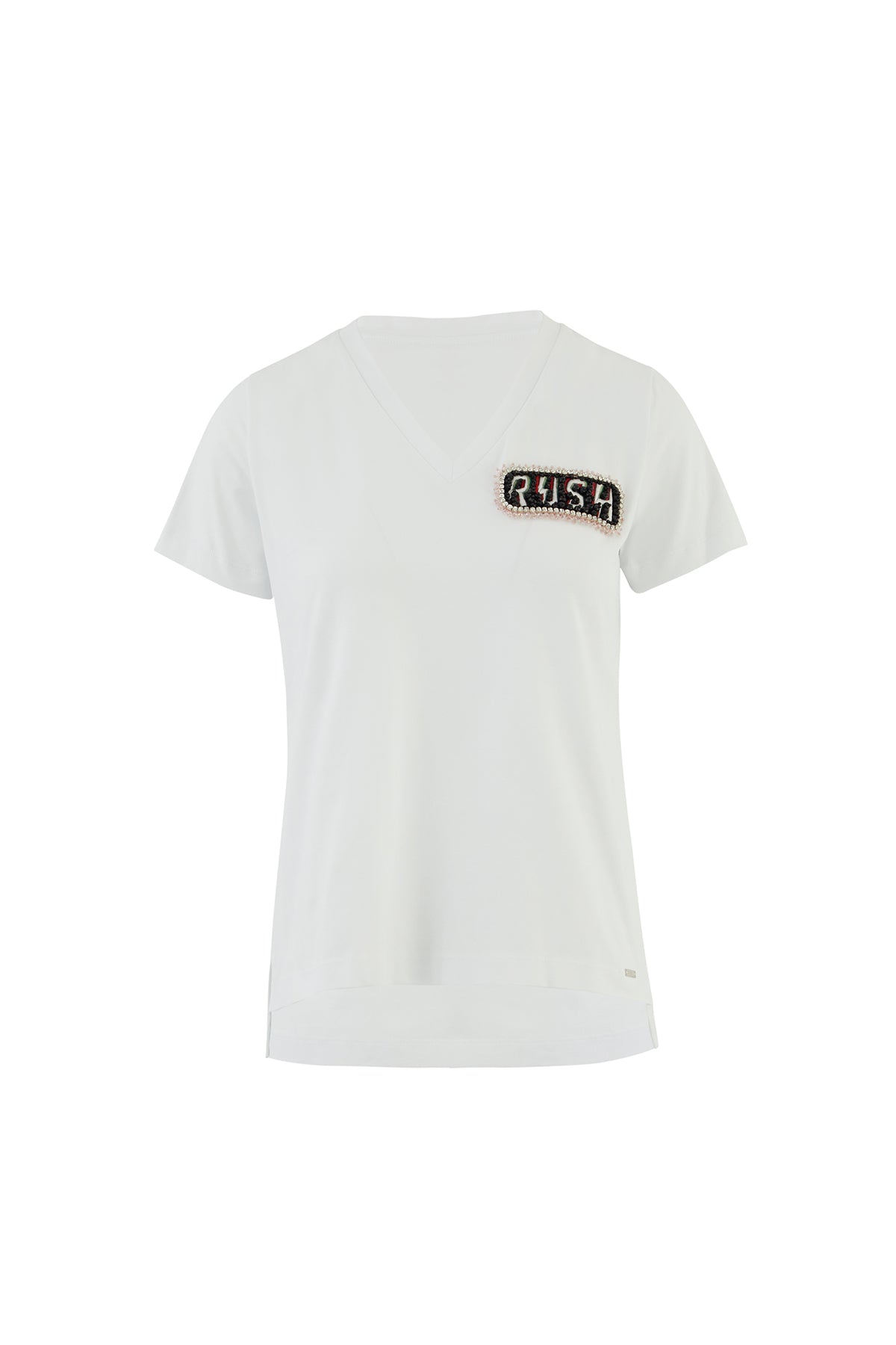İşleme Arma Detaylı V Yaka Basic T-shirt