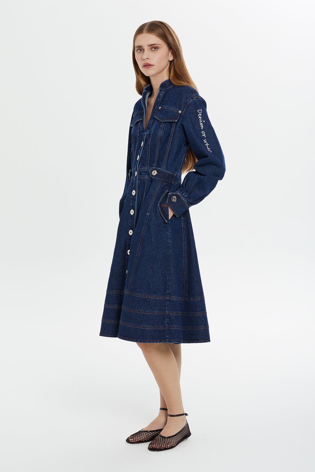 Düğme Detaylı Uzun Kollu Denim Elbise