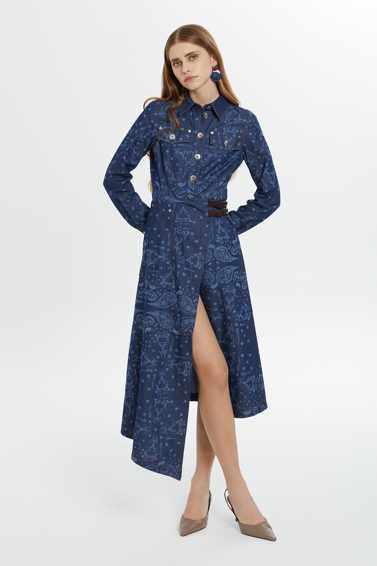 Desenli Yırtmaçlı Denim Elbise