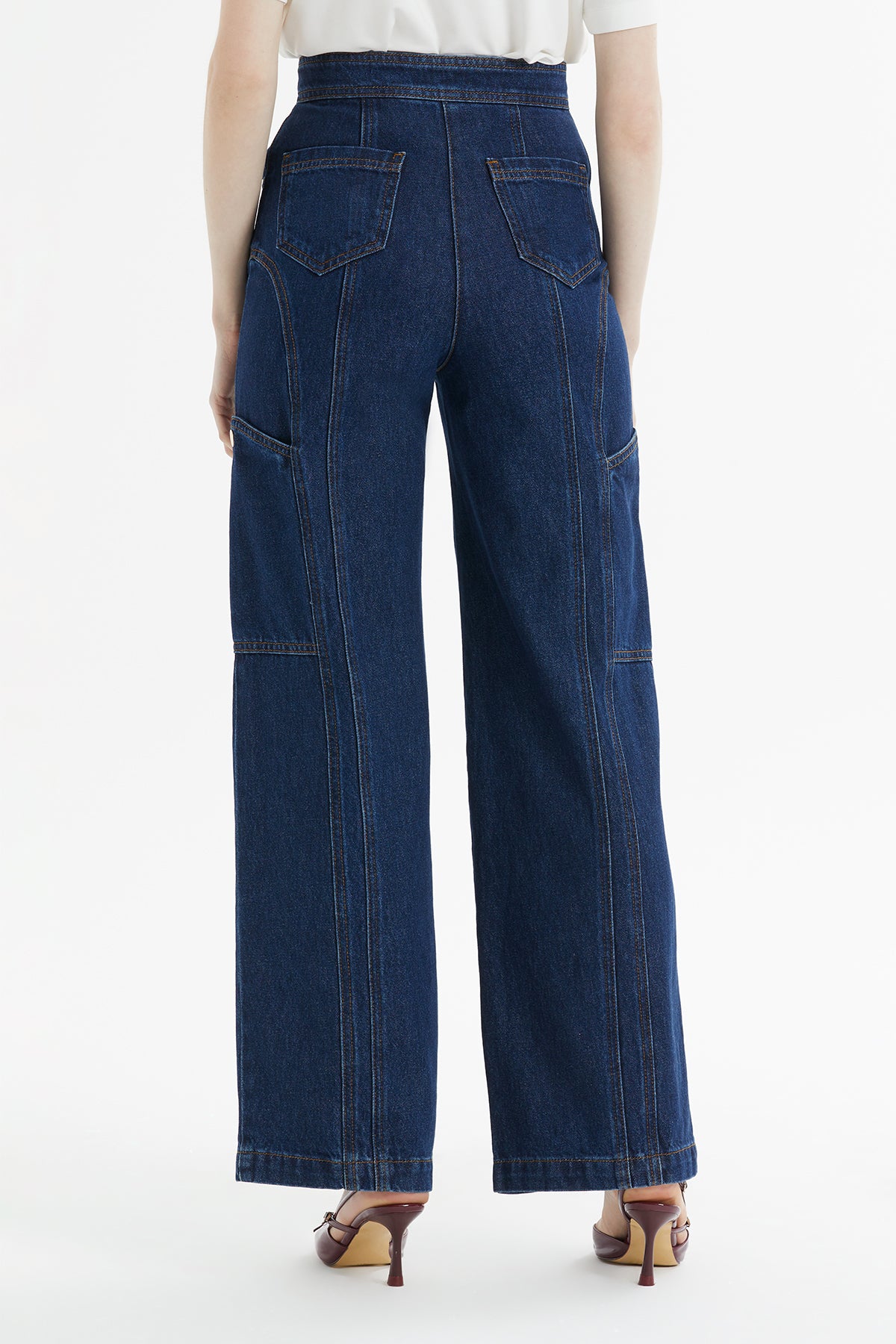 Parçalı Kontrast Dikiş Detaylı Kargo Denim Pantolon