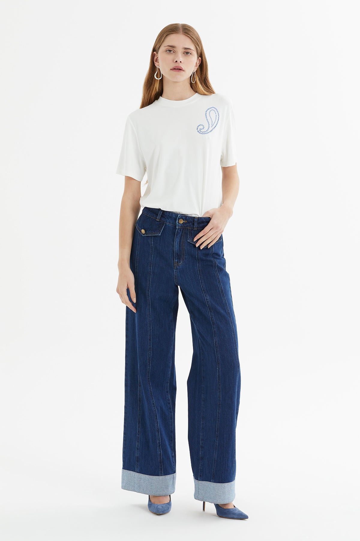 Cep Kapaklı Paçası Kemer Köprü Geçişli Geniş Paça Denim Pantolon