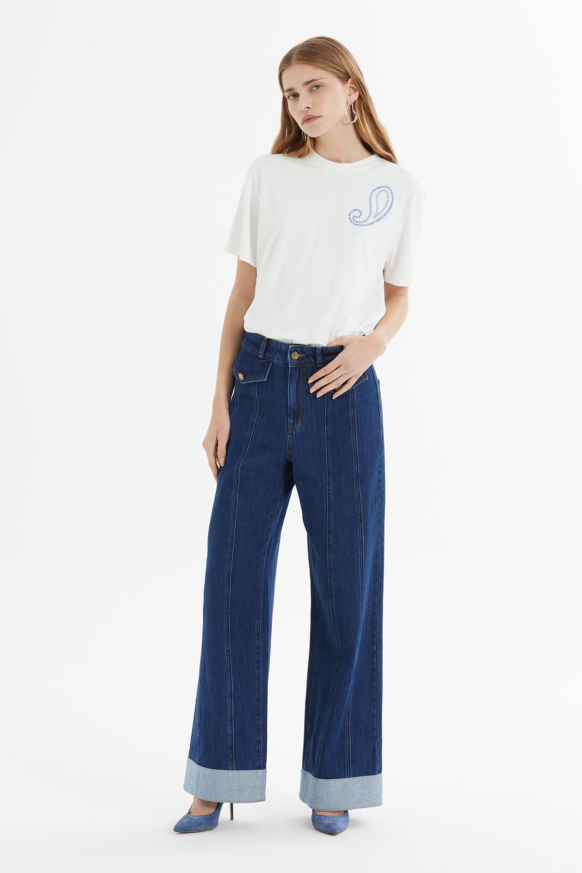 Cep Kapaklı Paçası Kemer Köprü Geçişli Geniş Paça Denim Pantolon