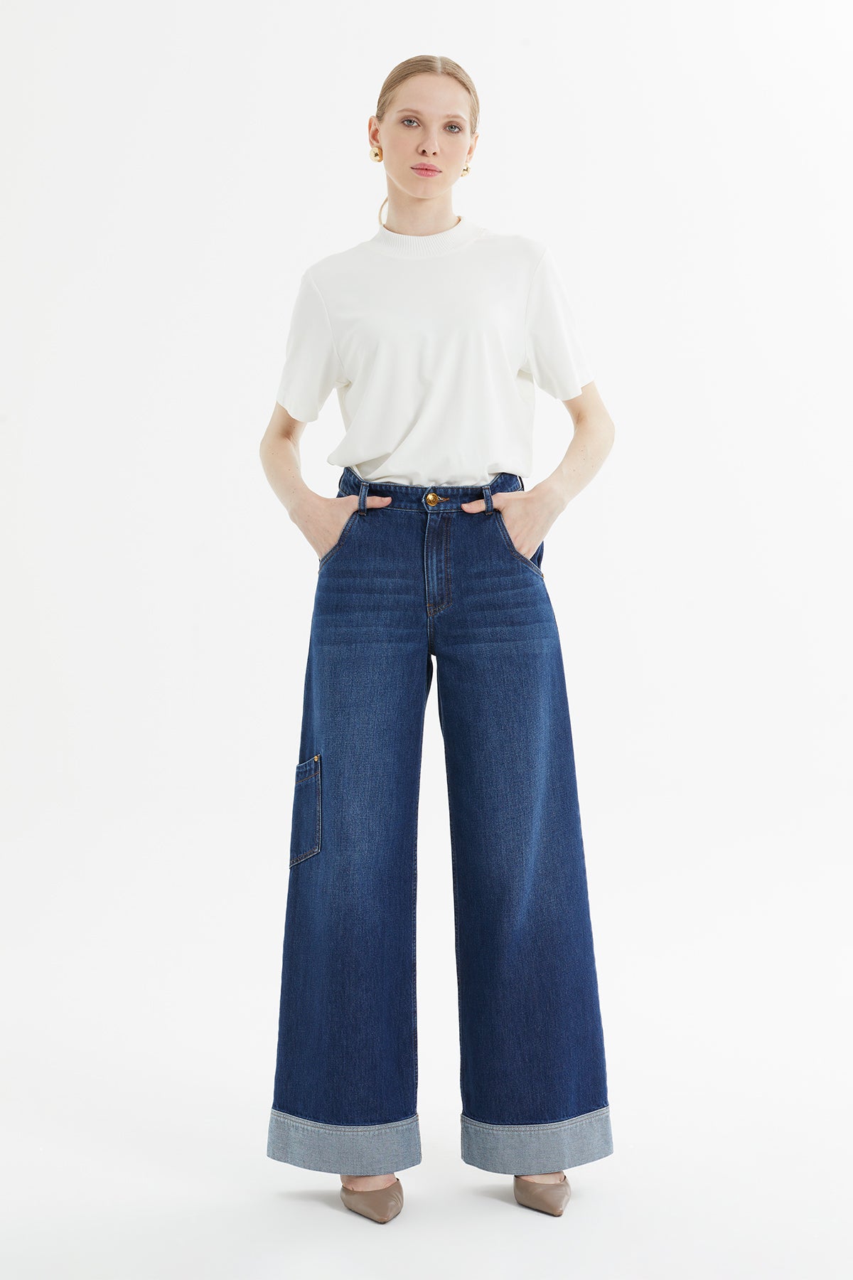 Geniş Paça Kıvrımlı Denim Pantolon