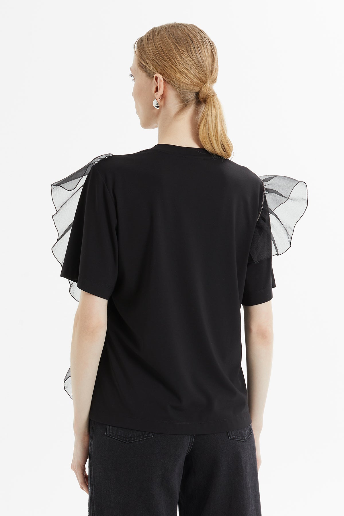 Kol Ve Omuz Tül Volan Detaylı Kısa Kollu T-shirt
