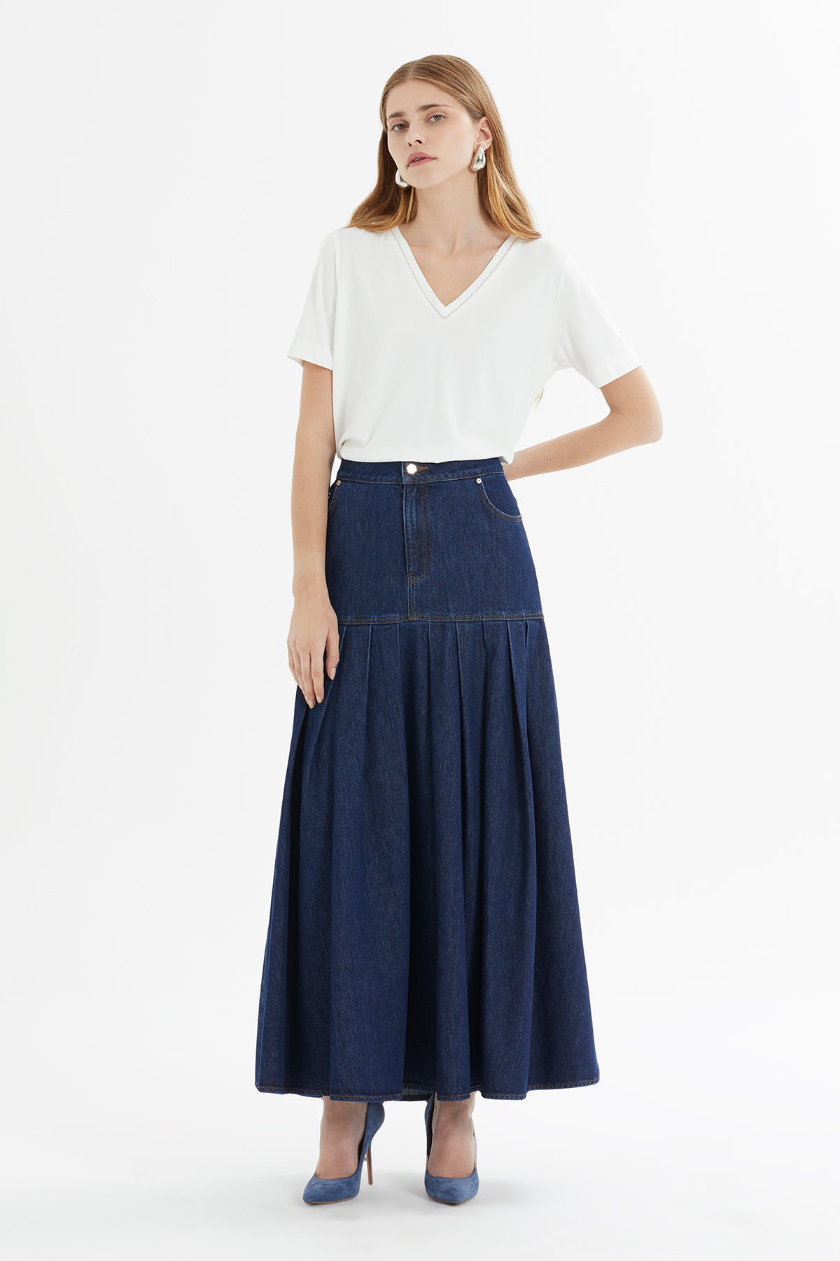 Pileli Denim Etek