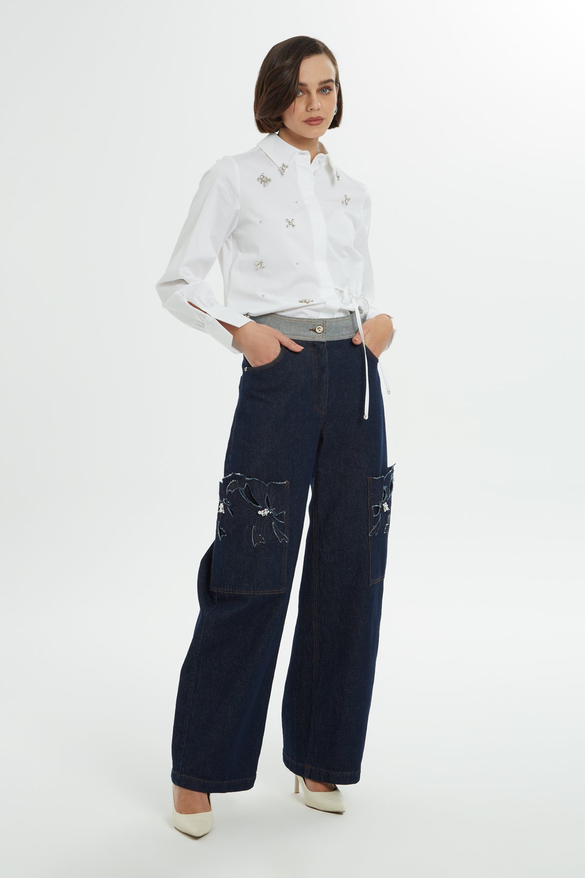 Cepleri Nakışlı Jean Pantolon