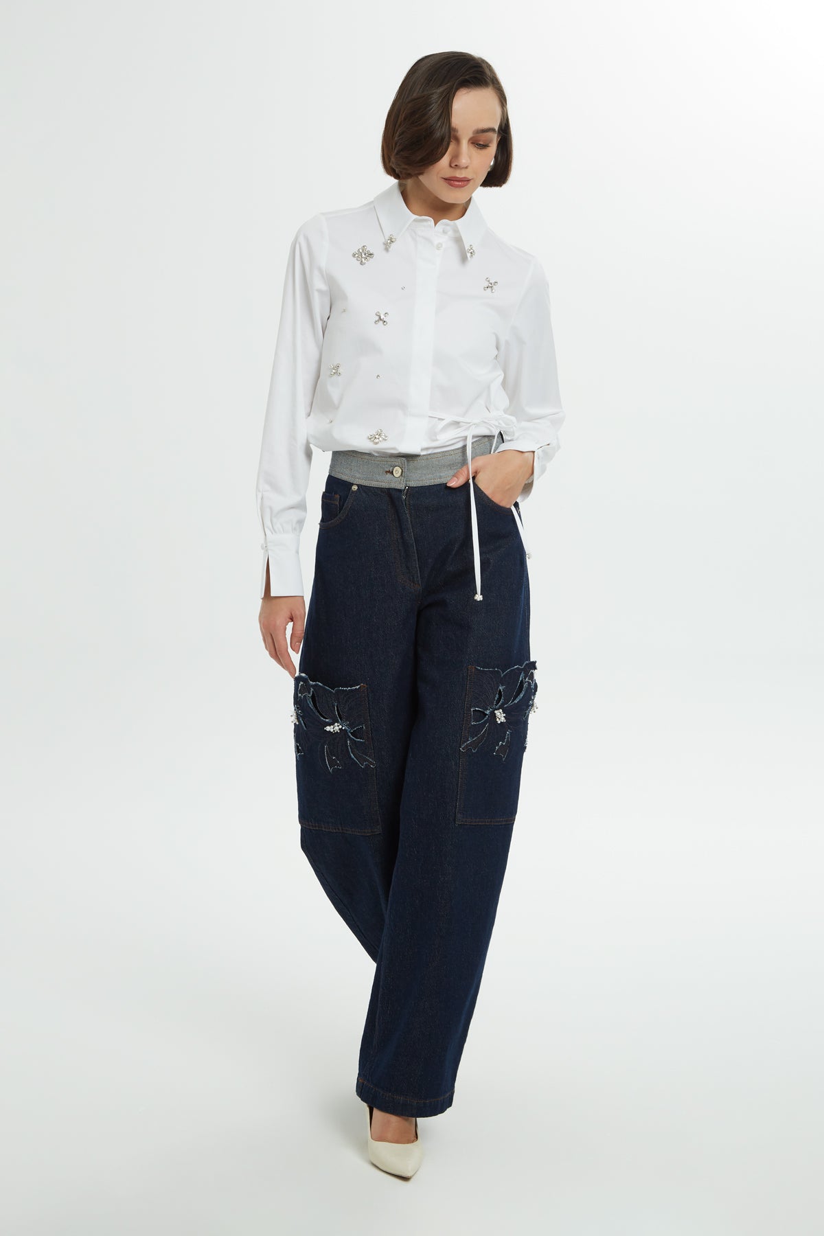 Cepleri Nakışlı Jean Pantolon