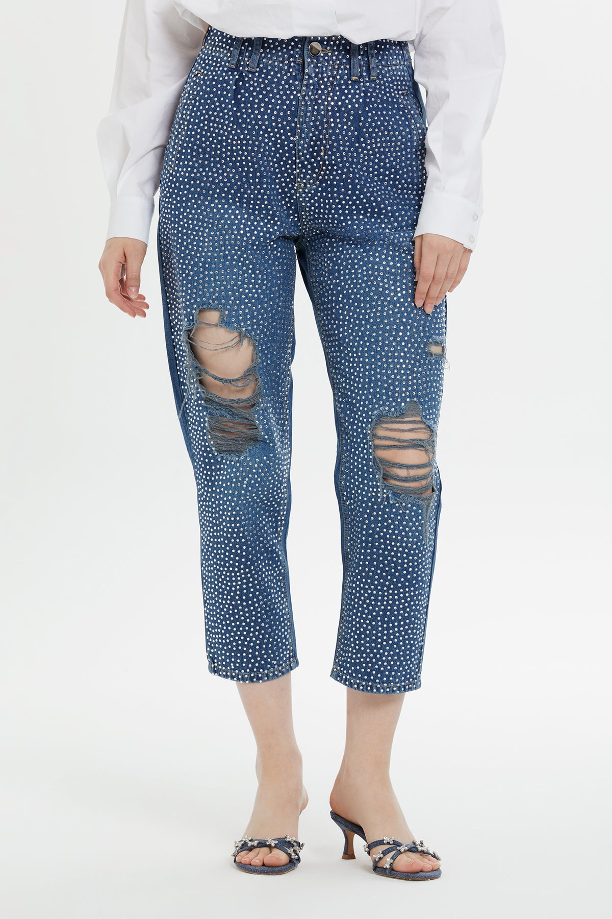 Beli Lastikli Eskitme Efektli Jagron Detaylı Mom Jean